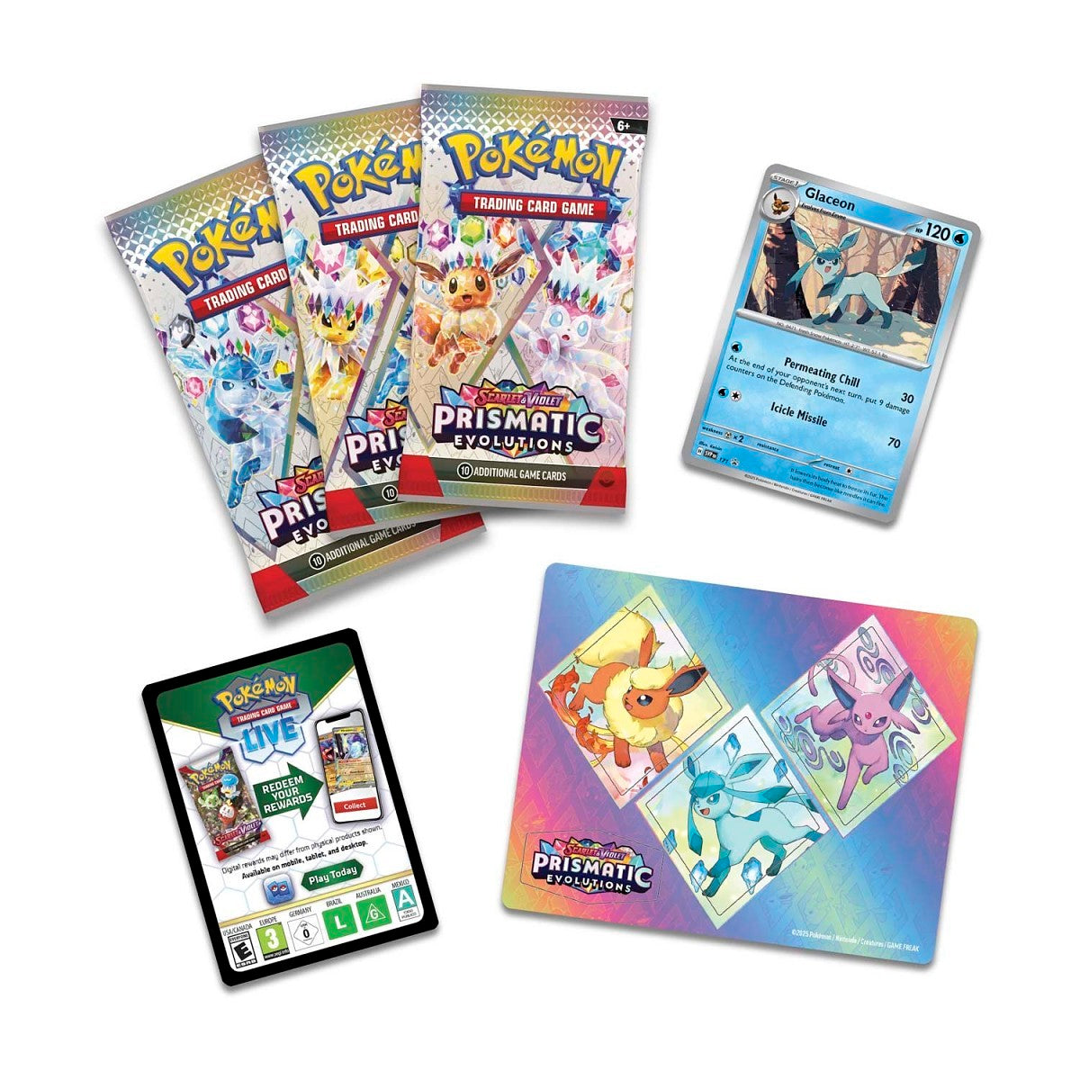 Pokémon TCG: Prismatic Evolutions Glaceon Tech Sticker Collection 3-Pack Blister
